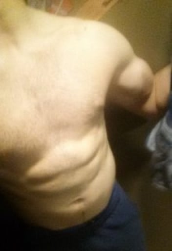A progress pic of a 5'7" man showing a weight bulk from 140 pounds to 155 pounds. A net gain of 15 pounds.