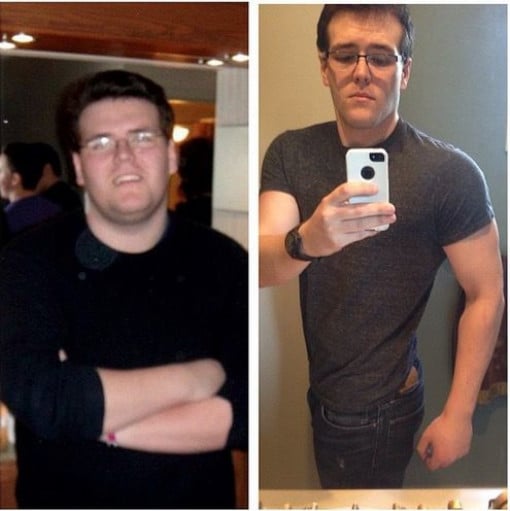 A before and after photo of a 6'2" male showing a weight reduction from 312 pounds to 215 pounds. A respectable loss of 97 pounds.