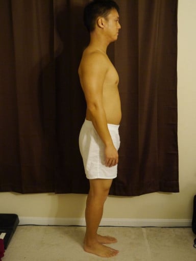 A before and after photo of a 5'7" male showing a snapshot of 155 pounds at a height of 5'7
