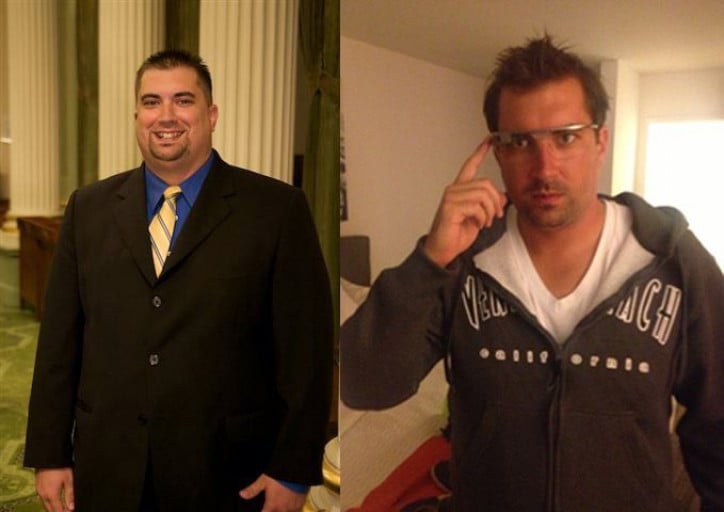 A progress pic of a 5'10" man showing a fat loss from 287 pounds to 232 pounds. A respectable loss of 55 pounds.