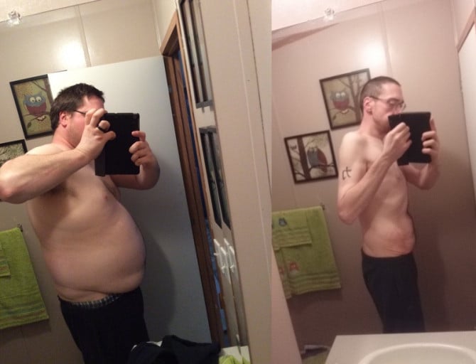 A photo of a 6'5" man showing a weight cut from 340 pounds to 180 pounds. A respectable loss of 160 pounds.