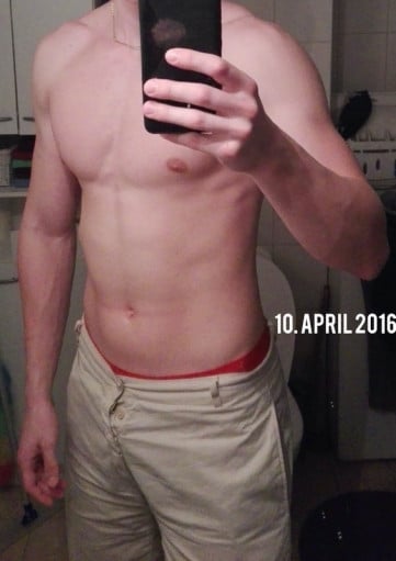 A progress pic of a 6'5" man showing a weight bulk from 196 pounds to 210 pounds. A total gain of 14 pounds.