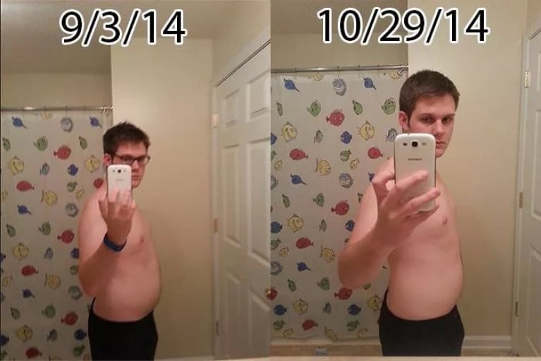 A progress pic of a 5'7" man showing a fat loss from 188 pounds to 180 pounds. A net loss of 8 pounds.