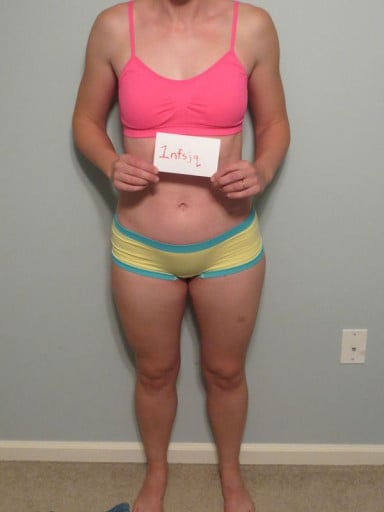 A photo of a 5'5" woman showing a snapshot of 124 pounds at a height of 5'5
