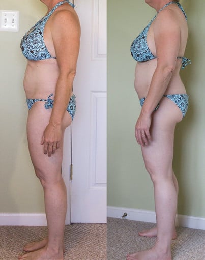 A progress pic of a 5'2" woman showing a weight cut from 147 pounds to 135 pounds. A net loss of 12 pounds.