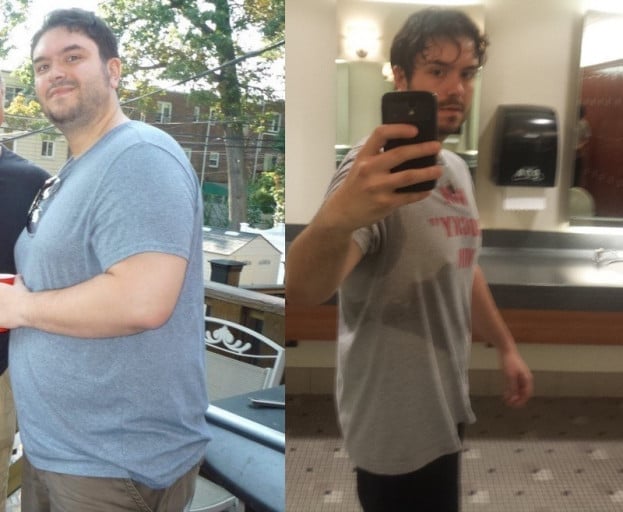 A photo of a 6'0" man showing a weight cut from 285 pounds to 210 pounds. A net loss of 75 pounds.