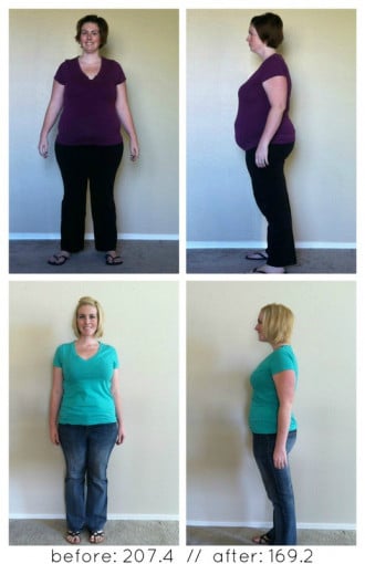 A photo of a 5'4" woman showing a weight cut from 207 pounds to 169 pounds. A total loss of 38 pounds.