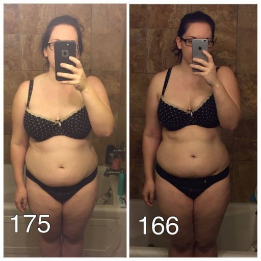 A before and after photo of a 5'1" female showing a weight reduction from 180 pounds to 166 pounds. A net loss of 14 pounds.