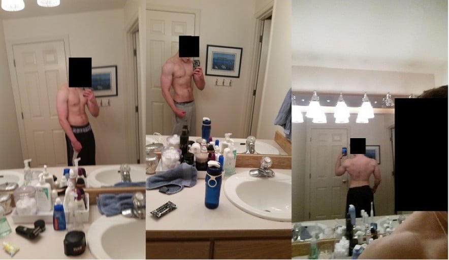 A photo of a 5'11" man showing a muscle gain from 153 pounds to 160 pounds. A net gain of 7 pounds.