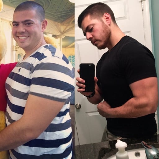 A photo of a 5'8" man showing a weight cut from 228 pounds to 188 pounds. A net loss of 40 pounds.