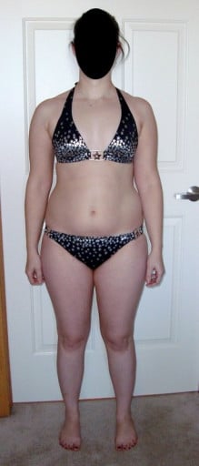 A before and after photo of a 5'3" female showing a fat loss from 140 pounds to 134 pounds. A total loss of 6 pounds.