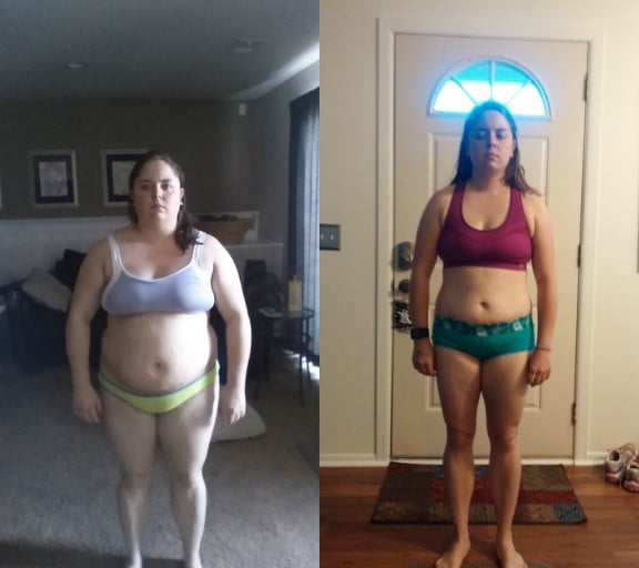 A progress pic of a 5'0" woman showing a weight reduction from 175 pounds to 125 pounds. A respectable loss of 50 pounds.