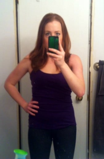 A progress pic of a 5'5" woman showing a weight loss from 169 pounds to 134 pounds. A net loss of 35 pounds.