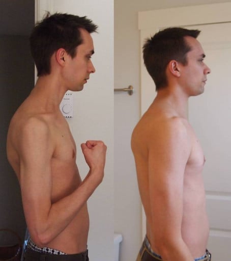 A before and after photo of a 5'11" male showing a weight bulk from 125 pounds to 157 pounds. A net gain of 32 pounds.