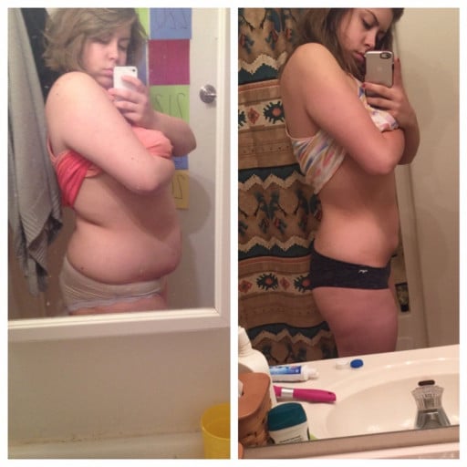 A progress pic of a 5'6" woman showing a fat loss from 235 pounds to 150 pounds. A net loss of 85 pounds.