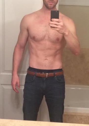 A picture of a 6'0" male showing a weight loss from 185 pounds to 168 pounds. A total loss of 17 pounds.