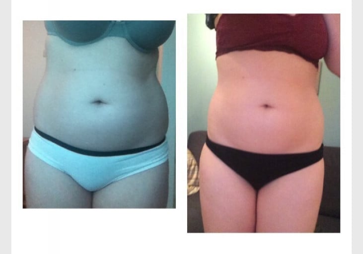 A progress pic of a 5'10" woman showing a fat loss from 170 pounds to 157 pounds. A total loss of 13 pounds.