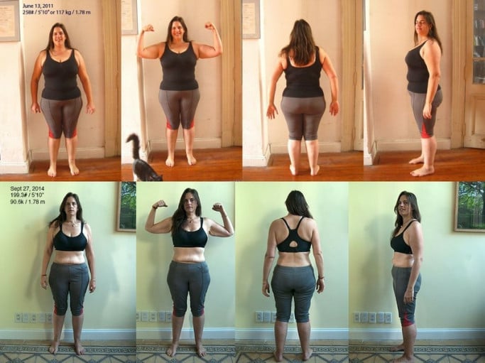 A picture of a 5'10" female showing a weight loss from 258 pounds to 199 pounds. A net loss of 59 pounds.