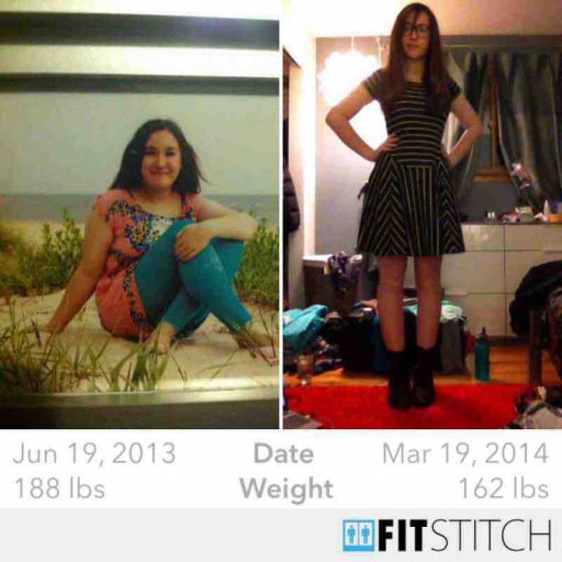 A picture of a 5'10" female showing a weight loss from 188 pounds to 162 pounds. A respectable loss of 26 pounds.