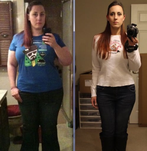 A progress pic of a 5'8" woman showing a fat loss from 252 pounds to 167 pounds. A net loss of 85 pounds.
