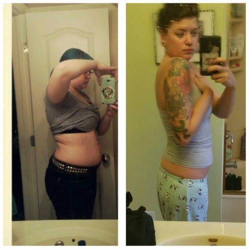 A progress pic of a 5'5" woman showing a fat loss from 240 pounds to 150 pounds. A respectable loss of 90 pounds.