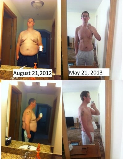 A before and after photo of a 6'1" male showing a weight reduction from 330 pounds to 200 pounds. A net loss of 130 pounds.