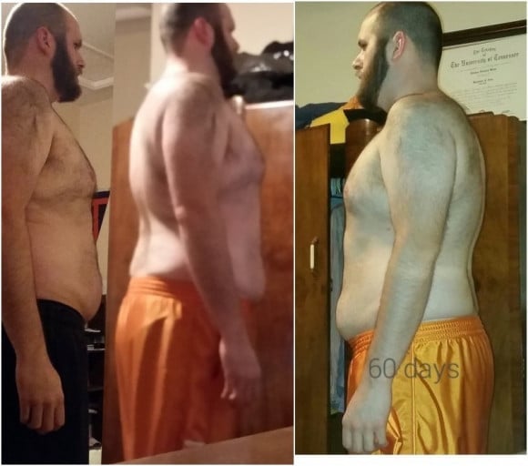 A picture of a 6'4" male showing a weight reduction from 263 pounds to 252 pounds. A net loss of 11 pounds.