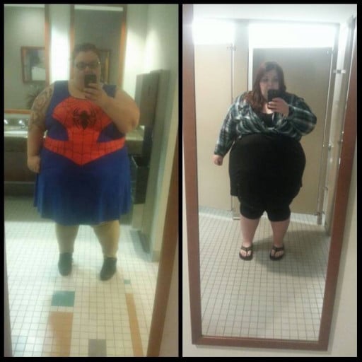 A before and after photo of a 5'4" female showing a weight reduction from 501 pounds to 458 pounds. A total loss of 43 pounds.