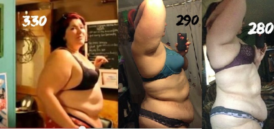 A progress pic of a 6'3" woman showing a weight cut from 330 pounds to 280 pounds. A net loss of 50 pounds.