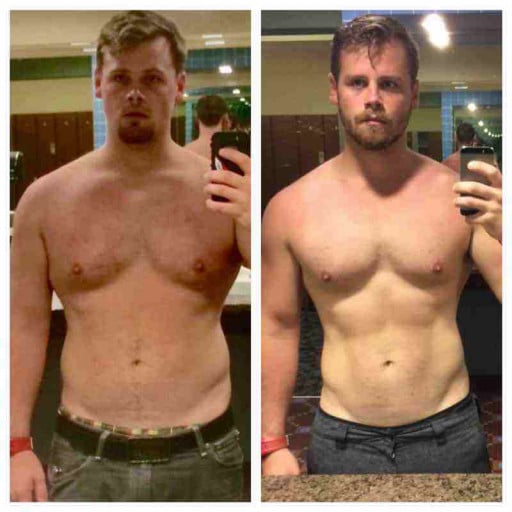 A picture of a 5'7" male showing a weight loss from 205 pounds to 165 pounds. A total loss of 40 pounds.