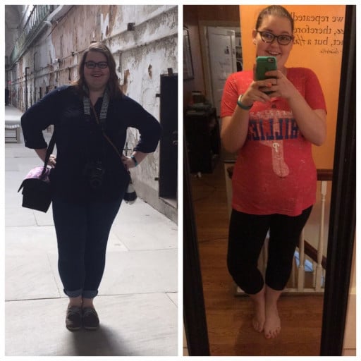 A before and after photo of a 5'8" female showing a weight reduction from 270 pounds to 218 pounds. A total loss of 52 pounds.