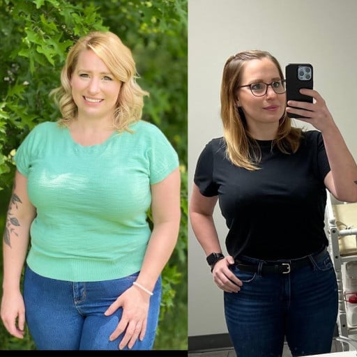 A before and after photo of a 5'2" female showing a weight reduction from 190 pounds to 144 pounds. A net loss of 46 pounds.