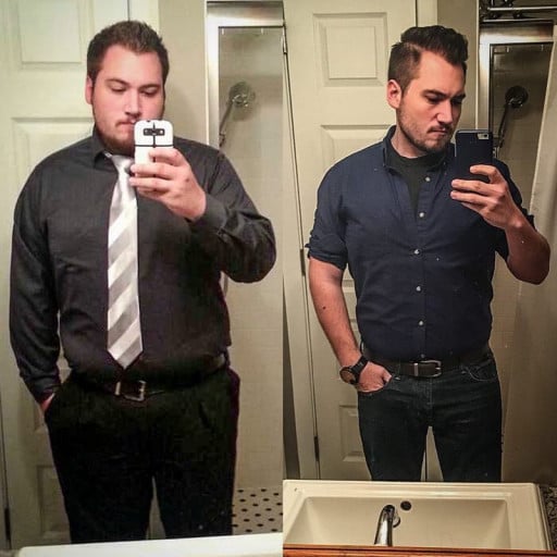 A progress pic of a 5'11" man showing a fat loss from 275 pounds to 195 pounds. A net loss of 80 pounds.