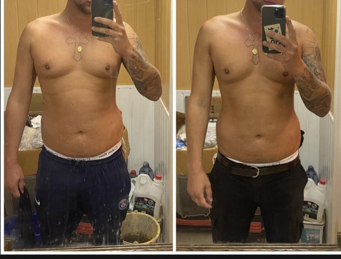 A progress pic of a 6'6" man showing a fat loss from 243 pounds to 232 pounds. A net loss of 11 pounds.