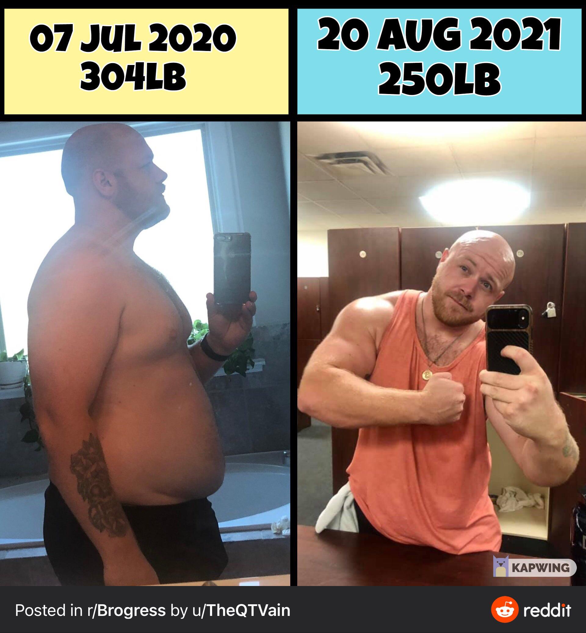 5'11 Male Before and After 54 lbs Fat Loss 304 lbs to 250 lbs
