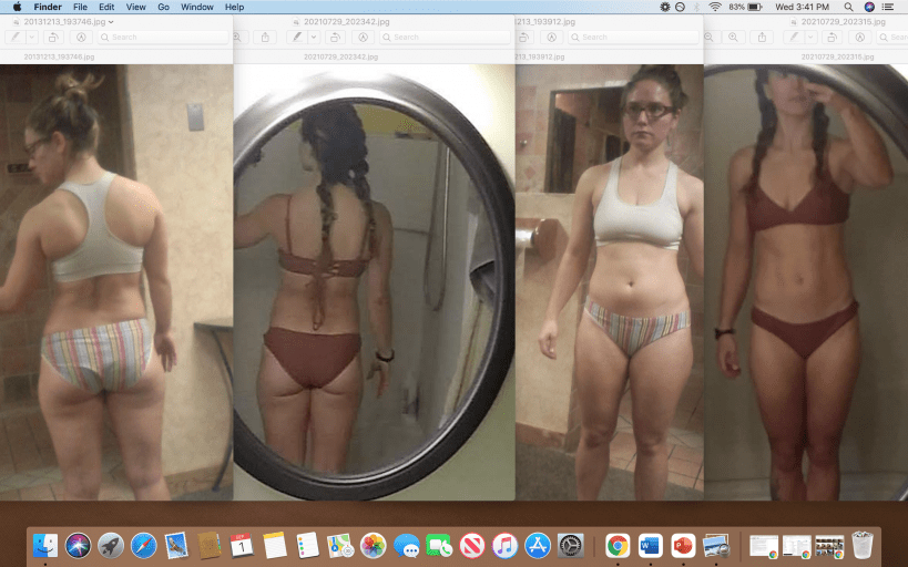 A progress pic of a 5'2" woman showing a fat loss from 135 pounds to 120 pounds. A respectable loss of 15 pounds.