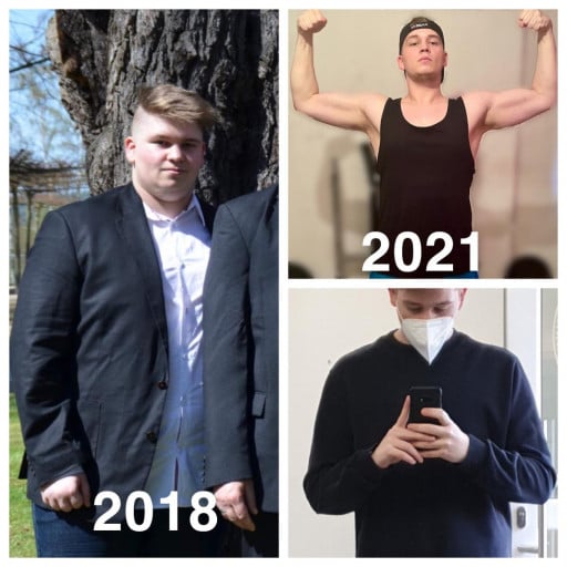 A progress pic of a 5'7" man showing a fat loss from 308 pounds to 189 pounds. A respectable loss of 119 pounds.