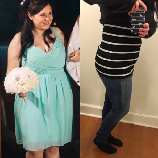 A progress pic of a 5'2" woman showing a weight cut from 184 pounds to 169 pounds. A net loss of 15 pounds.