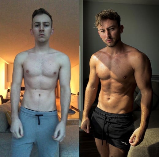 A progress pic of a 5'8" man showing a weight bulk from 148 pounds to 166 pounds. A respectable gain of 18 pounds.
