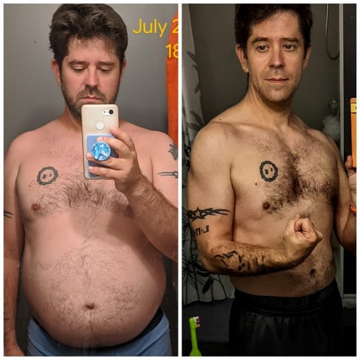 A before and after photo of a 5'5" male showing a weight reduction from 197 pounds to 145 pounds. A net loss of 52 pounds.