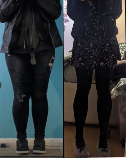 A picture of a 5'3" female showing a weight loss from 200 pounds to 130 pounds. A respectable loss of 70 pounds.