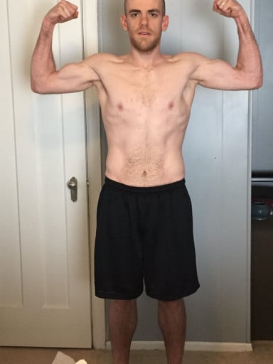 A before and after photo of a 5'11" male showing a weight cut from 230 pounds to 166 pounds. A net loss of 64 pounds.