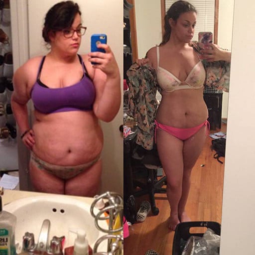 A progress pic of a 5'8" woman showing a fat loss from 255 pounds to 195 pounds. A total loss of 60 pounds.