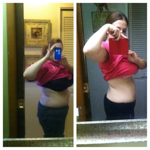 A progress pic of a 5'3" woman showing a fat loss from 190 pounds to 153 pounds. A total loss of 37 pounds.