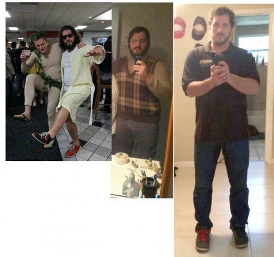A progress pic of a 6'0" man showing a fat loss from 250 pounds to 200 pounds. A respectable loss of 50 pounds.
