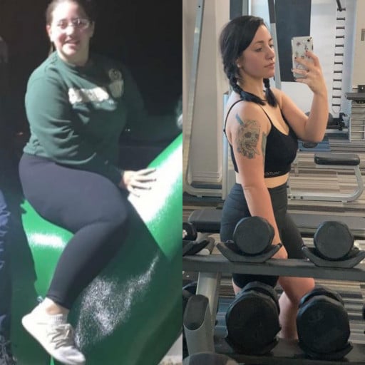 A before and after photo of a 5'3" female showing a weight reduction from 200 pounds to 149 pounds. A total loss of 51 pounds.