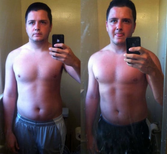 A photo of a 6'0" man showing a weight cut from 208 pounds to 195 pounds. A respectable loss of 13 pounds.