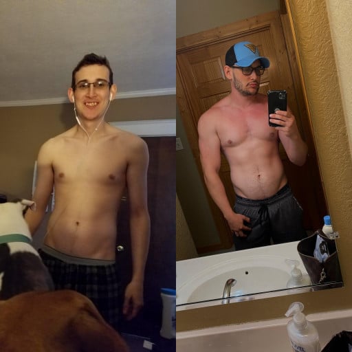 A before and after photo of a 5'11" male showing a muscle gain from 145 pounds to 195 pounds. A respectable gain of 50 pounds.