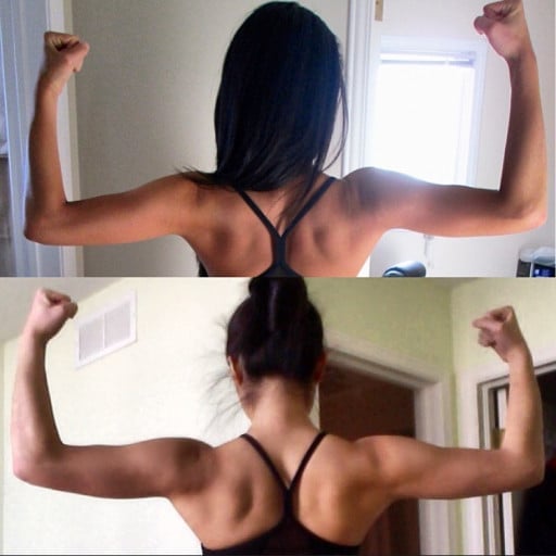 A progress pic of a 5'6" woman showing a muscle gain from 117 pounds to 123 pounds. A net gain of 6 pounds.