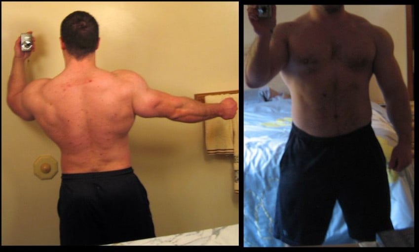 A before and after photo of a 5'7" male showing a weight cut from 213 pounds to 195 pounds. A net loss of 18 pounds.